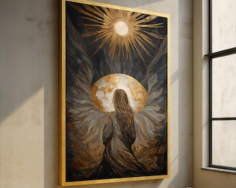 Angelic Figure Canvas Wall Art, Ethereal Woman with Wings, Abstract Spiritual Canvas, Golden Sun and Earth, Inspirational Home Decor