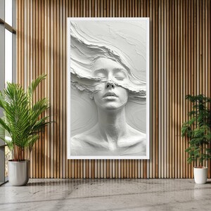 Abstract Woman Face Sculpture Canvas, Effect Wall Art, Modern White Home Decor, Artistic Portrait Canvas, Ready to Hang Design image 5