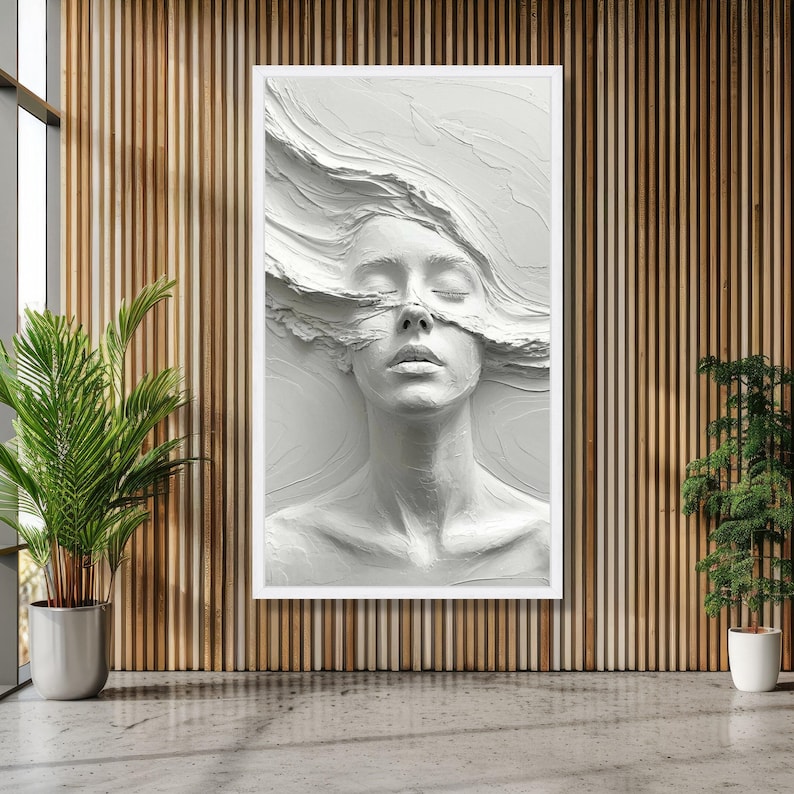 Abstract Woman Face Sculpture Canvas, Effect Wall Art, Modern White Home Decor, Artistic Portrait Canvas, Ready to Hang Design image 5