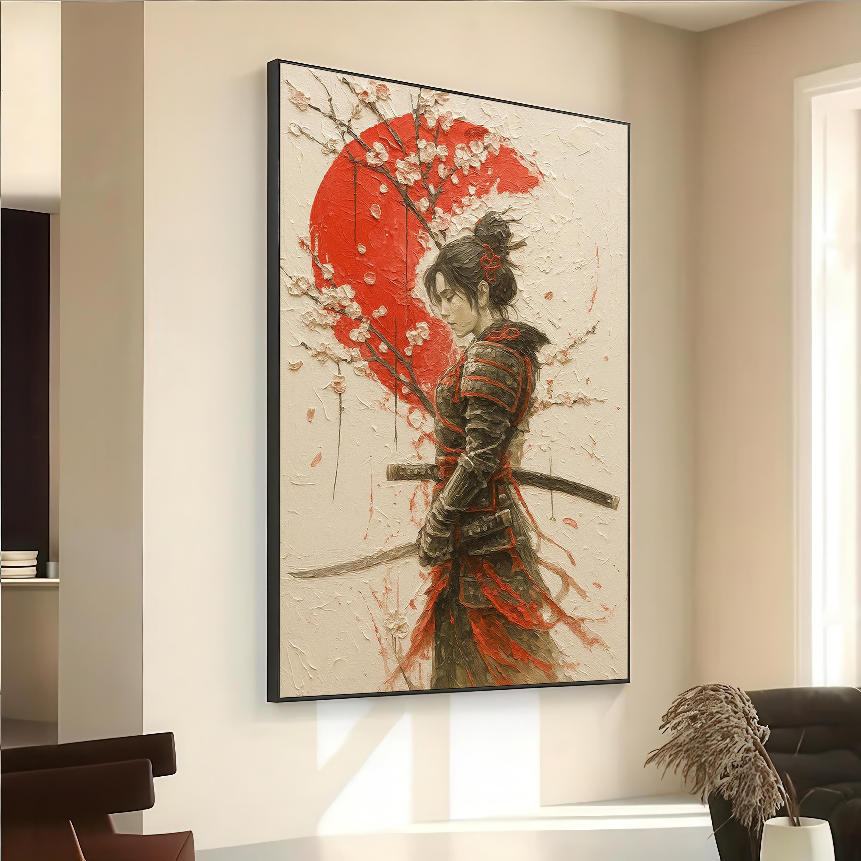 Female Samurai Wall Art With Cherry Blossoms - Japanese Warrior Canvas ...