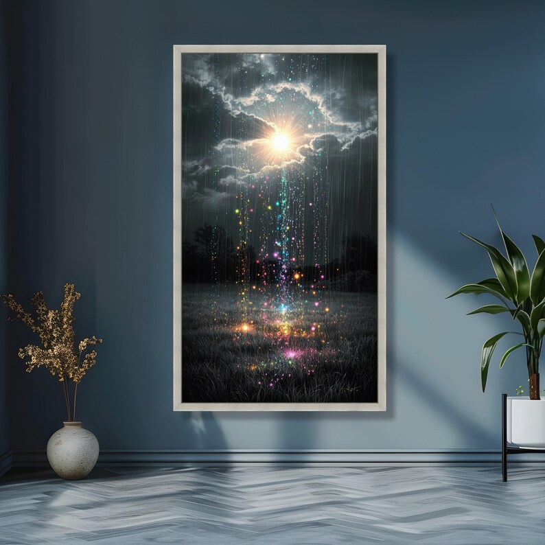 Mystical Light Shower Canvas, Fantasy Night Sky Wall Art, Magical Glow Rain, Enchanted Landscape Canvas, Dreamy Outdoor Decoration image 4