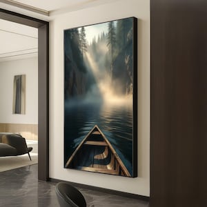 Tranquil Morning Canoe, Misty Forest Lake Canvas, Nature Landscape Wall Art, Serene Water Reflection Decoration, Calm Outdoor Scene Canvas