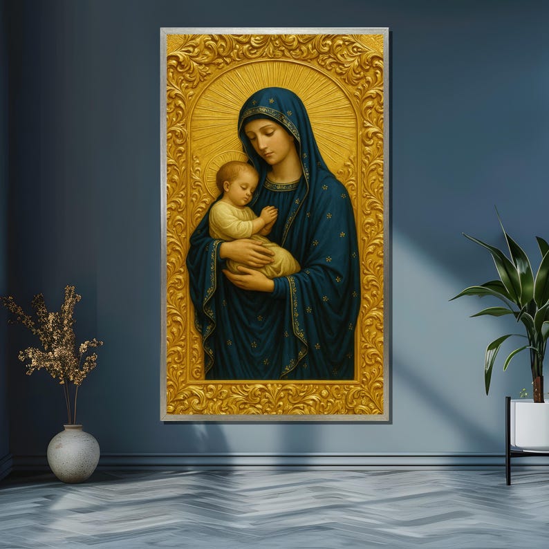 Virgin Mary and Baby Jesus Canvas – Gold Frame Christian Icon Wall Art ...