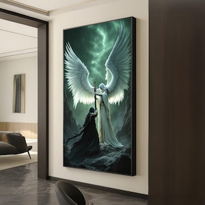 Angelic Warrior with Sword, Fantasy Canvas Wall Art, Dark and Light Contrast, Mystical Battle Scene, Epic Home Decoration Canvas