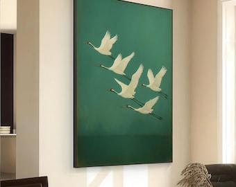 Elegant Flying Crane Canvas Wall Art in Minimalist Style – Green Background Bird Artwork for Calm and Serene Interior Decor