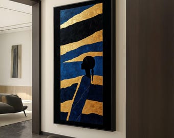 Elegant Silhouette Canvas Wall Art, Abstract Female Profile, Blue and Gold Painting, Modern Home Decor, Contemporary Canvas Art