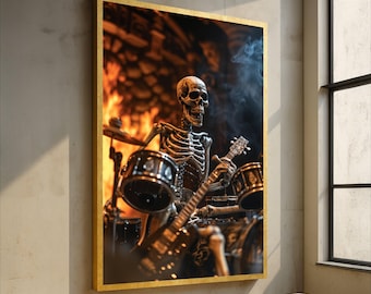 Rock Skeleton Playing Guitar and Drums Canvas Wall Art, Halloween Music Decor, Gothic Drum Set Canvas, Spooky Skeleton Art, Dark Rock Poster
