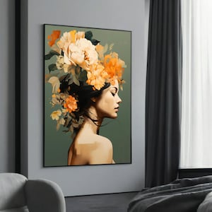 Serene Floral Woman Canvas - Elegant Yellow Flower Head Portrait, Nature-Inspired Wall Art, Framed and Ready to Hang