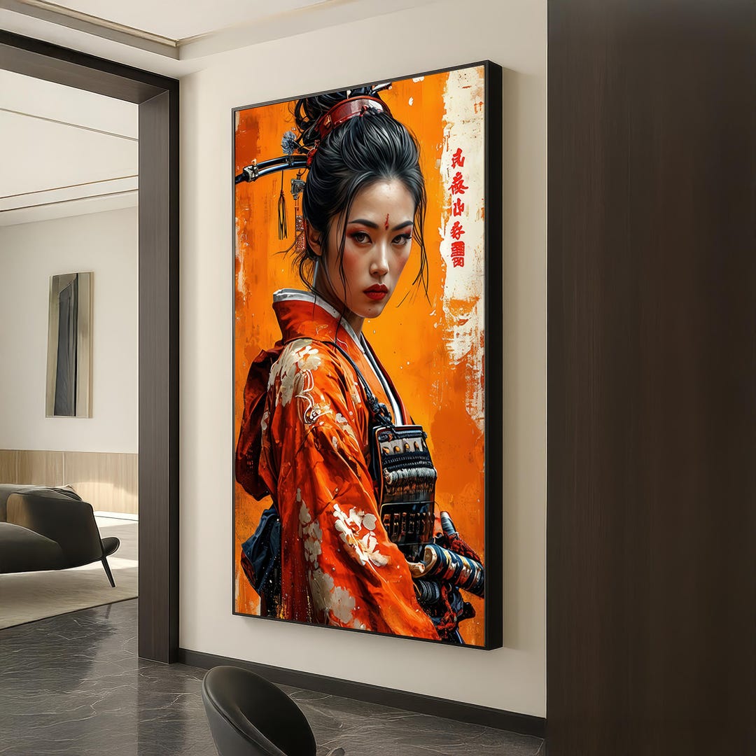 Samurai Geisha Warrior Portrait – Bold Japanese Woman Wall Art in Fiery ...