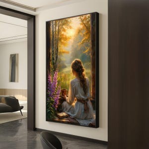 Tranquil Morning Reflection Canvas, Woman Relaxing with Coffee, Countryside Window Scene, Floral Nature Wall Art, Peaceful Home Decoration