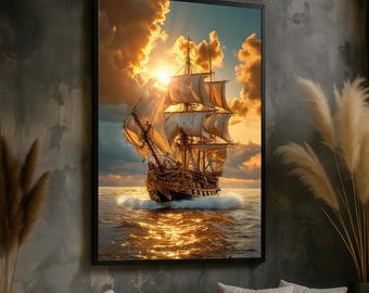 Golden Sunset Tall Ship Canvas – Vintage Sailing Wall Art – Nautical Maritime Decor – Historical Pirate Vessel Print – Ocean Explorer Scene