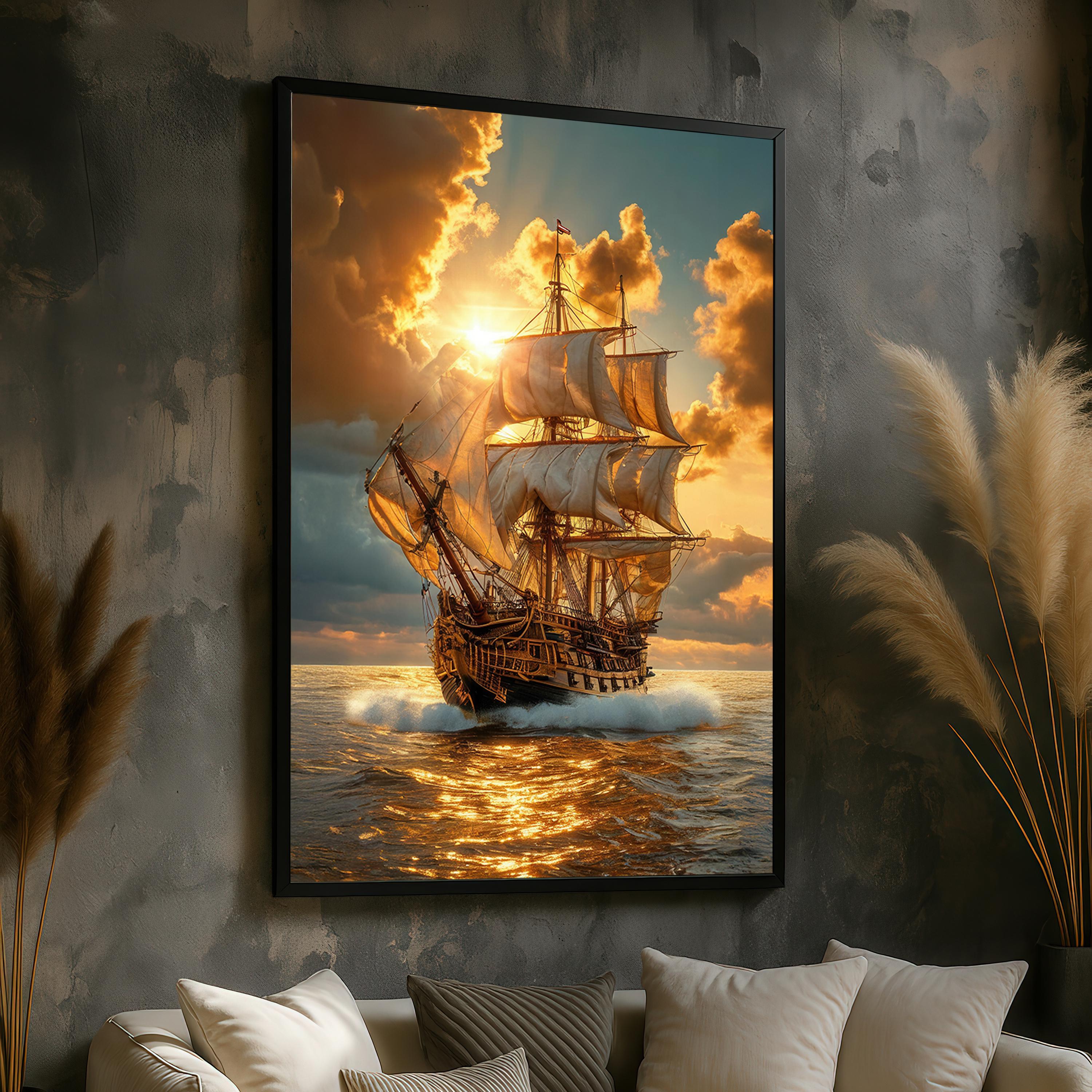 Golden Sunset Tall Ship Canvas – Vintage Sailing Wall Art