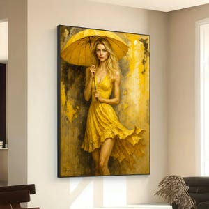 Elegant Woman in Yellow Dress with Umbrella Canvas, Fashion Portrait Wall Art, Modern Abstract Canvas, Vibrant Yellow Home Décor, Ready to