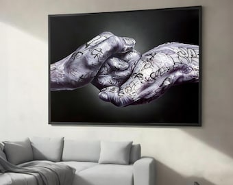 Graffiti: handen houden elkaar vast Canvasschilderij – op moderne street art geïnspireerd stuk, perfect cadeau voor decoratie thuis of op kantoor