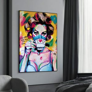 Quirky Woman with Coffee Cup and Mask - Vibrant Pop Art, Bold Wall Decor, Fun and Unique Gift Idea, Modern Canvas Painting