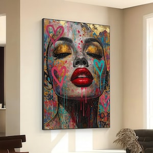 Retrato de glamour urbano, lienzo de arte callejero vibrante, arte mural con pintura de goteo colorida, rostro abstracto moderno, decoración de lienzo con labios rojos