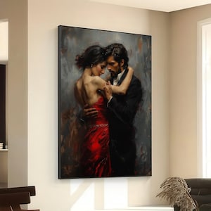 Lienzo decorativo de pareja romántica bailando, pintura de baile formal con vestido rojo, decoración de pared con abrazo íntimo, obra de arte de amor apasionado