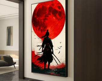 Samurai Warrior Silhouette Canvas, Red Moon Wall Art, Japanese Sword Art, Dramatic Night Scene Canvas, Modern Asian Decor, Ready to Hang