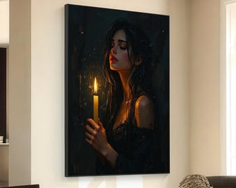 Woman with Candlelight Portrait Canvas, Dark Moody Wall Art, Emotional Female Figure Painting, Glow Candle Decor, Gothic Style Canvas Art