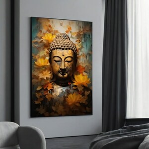 Tranquil Buddha with Lotus Flowers Canvas Art - Zen Spiritual Wall Decor, Mindful Meditation Artwork, Ready to Hang