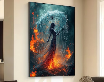 Elemental Contrast Woman with Water Umbrella in Fire Canvas Wall Art, Fiery Flames and Water Splash Digital Art, Surreal Nature Decoration,