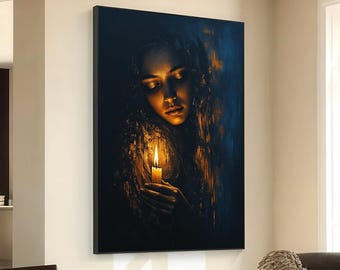 Woman Holding Candle Canvas Wall Art, Mystical Glow Portrait, Moody Dark Lighting, Inspirational Home Decor, Ethereal Candlelit Canvas