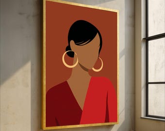 Minimalist Abstract Woman Portrait Canvas, Modern Feminine Wall Art, Bold Red and Brown Tones, Contemporary Home Decoration