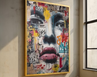 Urban Street Art Portrait Canvas, Graffiti Face Wall Art, Modern Expressionism Canvas, Bold Colorful Abstract Home Decor, Ready to Hang