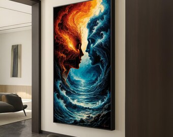 Elemental Faces Canvas Wall Art, Fire and Water Portrait, Abstract Duality Canvas, Modern Nature Wall Decor, Home Art Print Ready to Hang