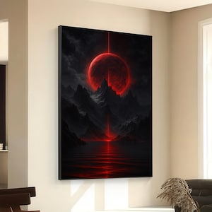 Red Planet Eclipse Canvas, Dark Mountain Landscape Wall Art, Surreal Sci-Fi Planet Canvas, Moody Space Scene, Modern Home Decoration