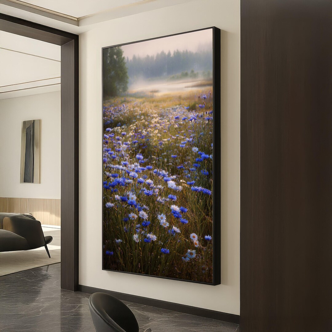 Misty Morning Wildflower Meadow Canvas, Blue and White Floral Field ...