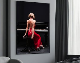 lady in red dress playing piano Framed print of Sonata by M. Ditlef