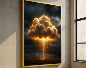 Glowing Golden Cloud Canvas, Illuminated Sky Wall Art, Magical Light Beam Canvas, Dreamy Nature Scene, Mystical Atmosphere Decoration