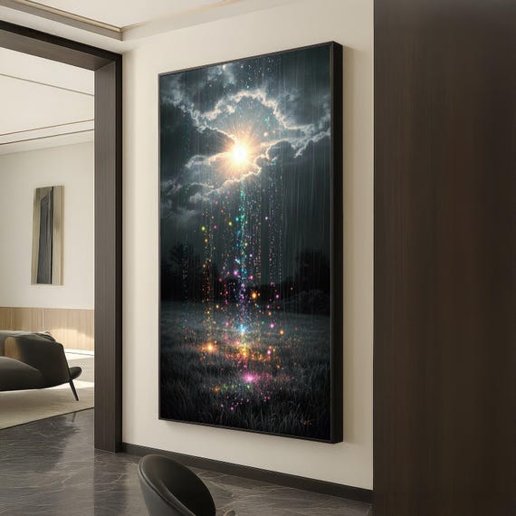 Mystical Light Shower Canvas, Fantasy Night Sky Wall Art, Magical Glow Rain, Enchanted Landscape Canvas, Dreamy Outdoor Decoration