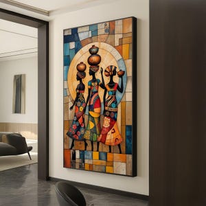 African Women Silhouette Canvas, Colorful Tribal Dress Wall Art, Ethnic Culture Home Decoration, Vibrant Modern Abstract Canvas Painting