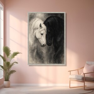 Tela de retrato de cavalos pretos e brancos, arte de parede equina, pintura romântica de animais, close-up de cabeças de cavalo, decoração elegante para casa imagem 4