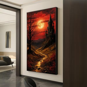 Gothic Schloss Mondschein Kunst auf Leinwand – düstere Fantasy Landschaft mit blutrotem Himmel und verwunschenem Wald