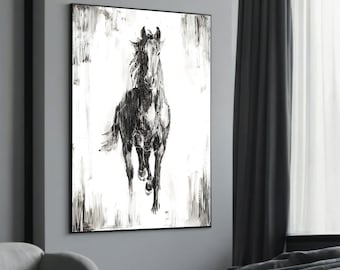 Black and White Horse Canvas Art - Elegant Running Stallion Painting - Minimalist Horse Wall Decor for Modern Living Room or Office
