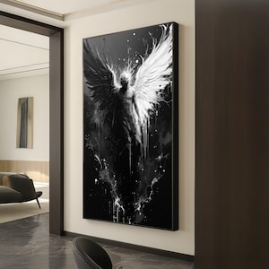 Duality Angel Canvas Wall Art, Black and White Wings Abstract Painting, Spiritual Contrast Decor, Modern Canvas Artwork, Dark and Light Home image 1