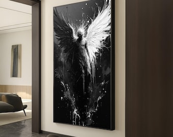 Duality Angel Canvas Wall Art, Black and White Wings Abstract Painting, Spiritual Contrast Decor, Modern Canvas Artwork, Dark and Light Home