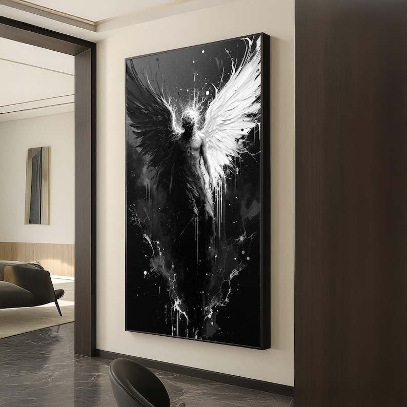 Duality Angel Canvas Wall Art, Black and White Wings Abstract Painting, Spiritual Contrast Decor, Modern Canvas Artwork, Dark and Light Home image 1