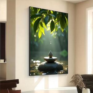 Zen Stones and Water Drop Canvas Wall Art Nature Inspired Tranquil Green Leaves and Balance Meditation Print for Spa or Home Decor