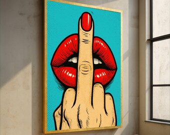 Lienzo con labios rojos y dedo medio, arte pop audaz, arte mural moderno, decoración vanguardista para el hogar, impresión gráfica contemporánea en lienzo.
