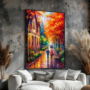 Romantic Autumn Street Canvas – Couple Walking in Fall Rain Painting – Impressionist Colorful City Wall Art – Cozy Love Scene Print