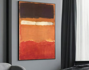 May include: Abstract painting with four horizontal bands of color. The top band is black, the second is white, the third is orange, and the bottom band is red.