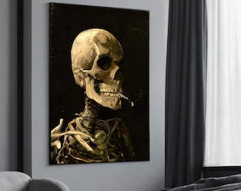 Vincent van Goghs kanvmålning "Skalle med brinnande cigarett" - Gotisk konstgåva, unik väggdekor, perfekt för konstentusiaster