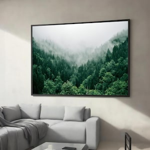Misty Green Forest Landscape - Tranquil Nature-Inspired Canvas Painting and a Perfect Gift for Nature Lovers and Home Decor Enthusiasts