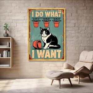 Arte de parede em tela com gato engraçado e travesso, pôster de animal de estimação em estilo retrô, citação "Eu faço o que quero", tela de gato engraçado, decoração de parede vintage com animais imagem 2