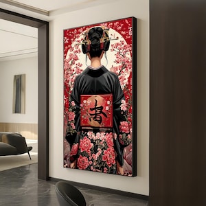 Japanische Kimono-Wandkunst - Rote Sakura und schwarze Blumenrückansicht-Frauen-Leinwand, elegantes asiatisches Poster für Wohnkultur