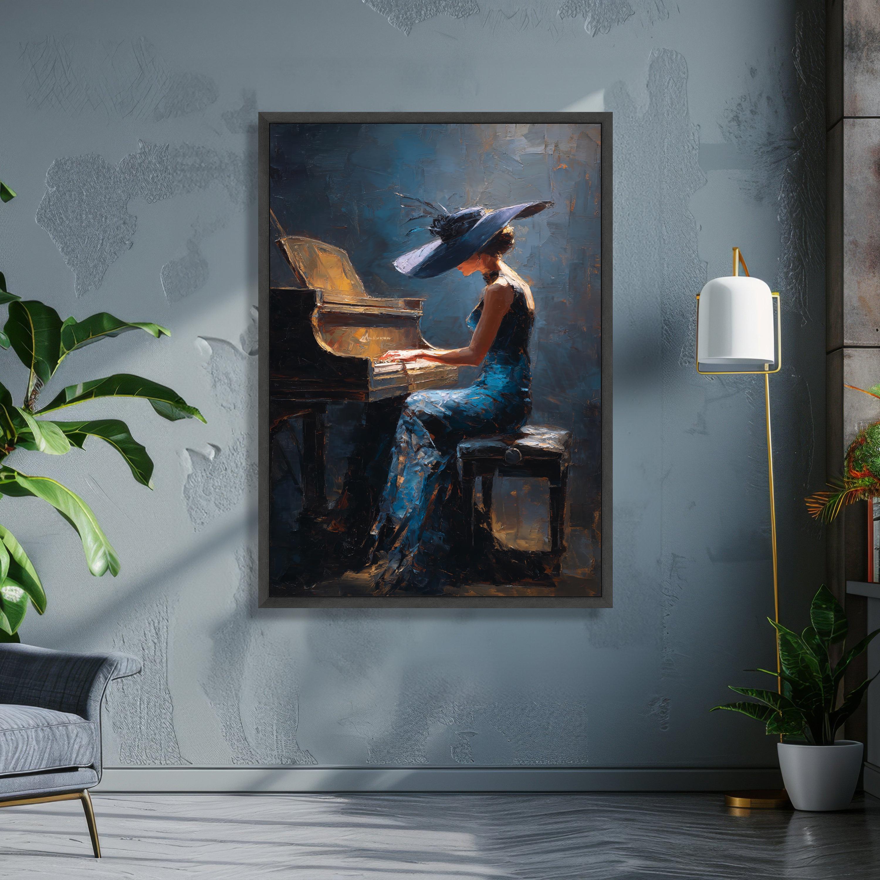 lady in blue dress playing piano painting Woman in Blue Dress Playing Piano Oil Painting Print, Elegant Female Figure  at Piano With Sheet Music, Vintage Wall Art Download